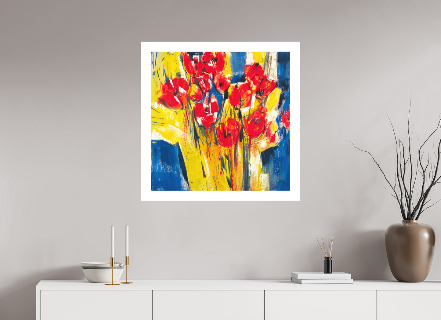 80 x 80 cm, Hahnemühle German Etching Rote Tulpen in Packpapier - Fine Art Print