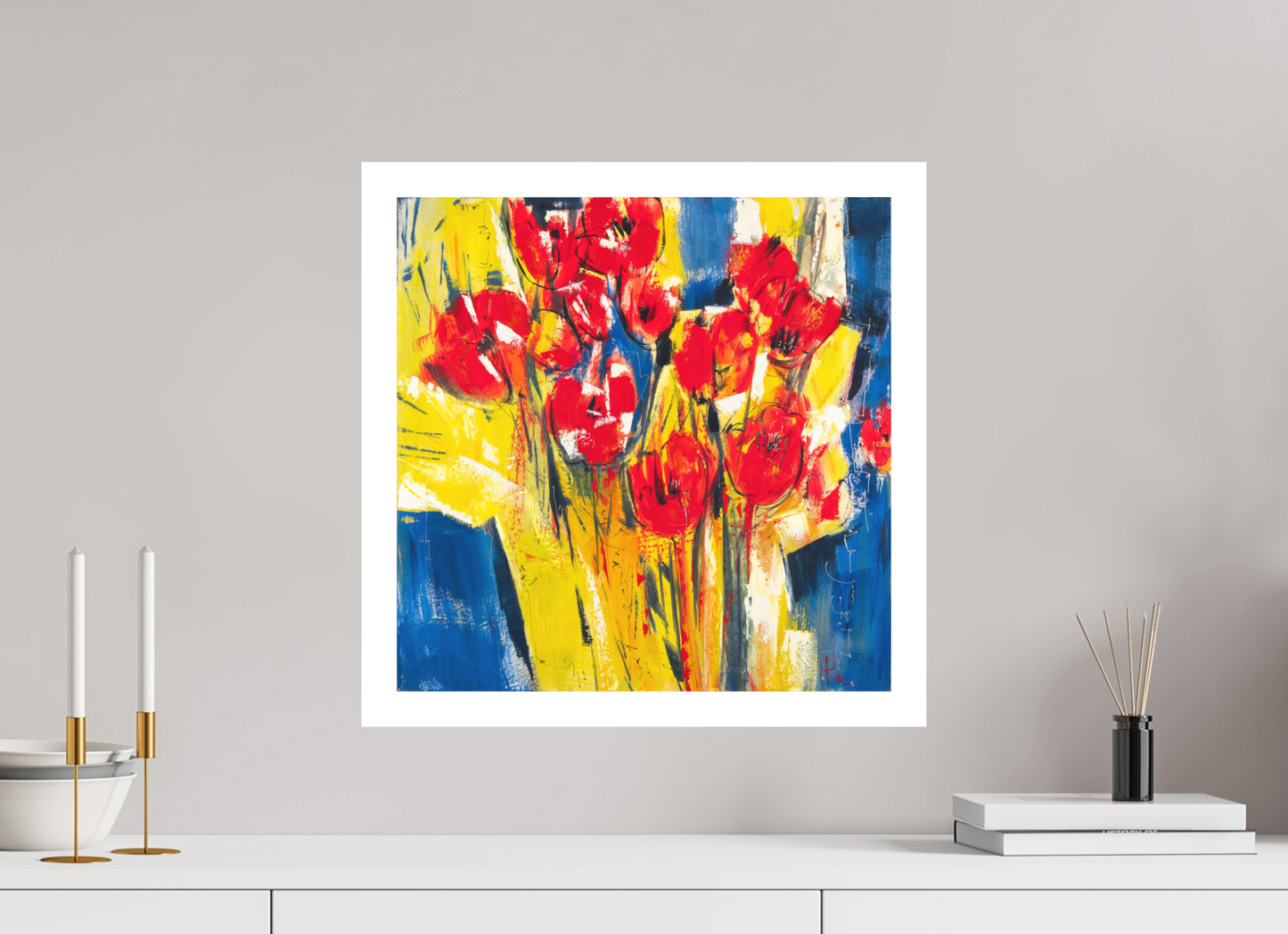 50 x 50 cm, Hahnemühle German Etching Rote Tulpen in Packpapier - Fine Art Print