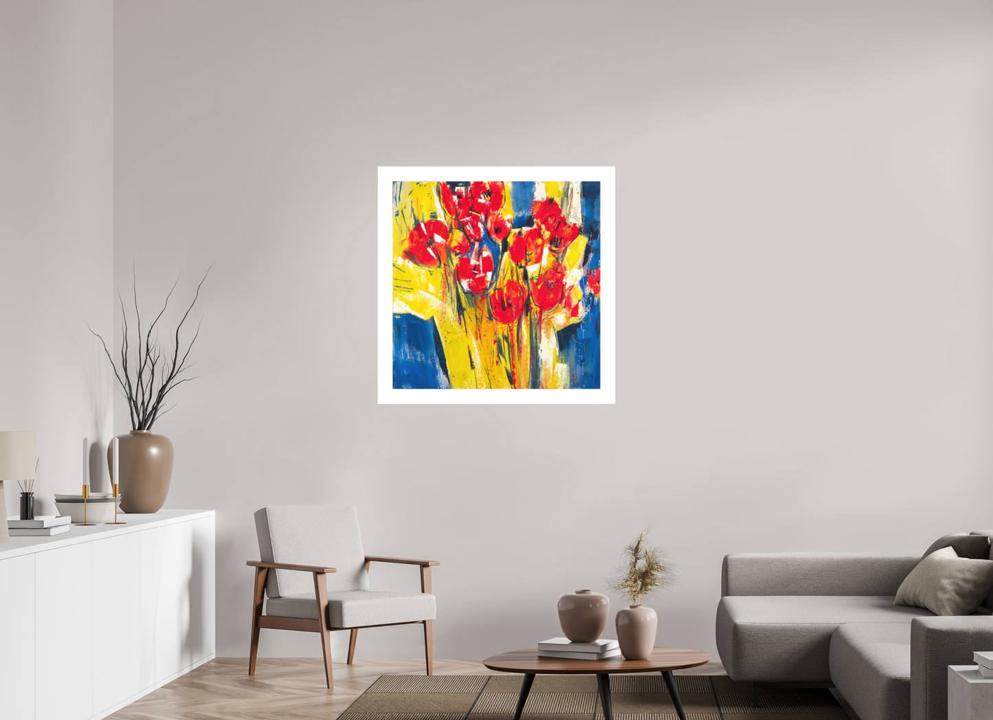 100 x 100 cm, Hahnemühle German Etching Rote Tulpen in Packpapier - Fine Art Print